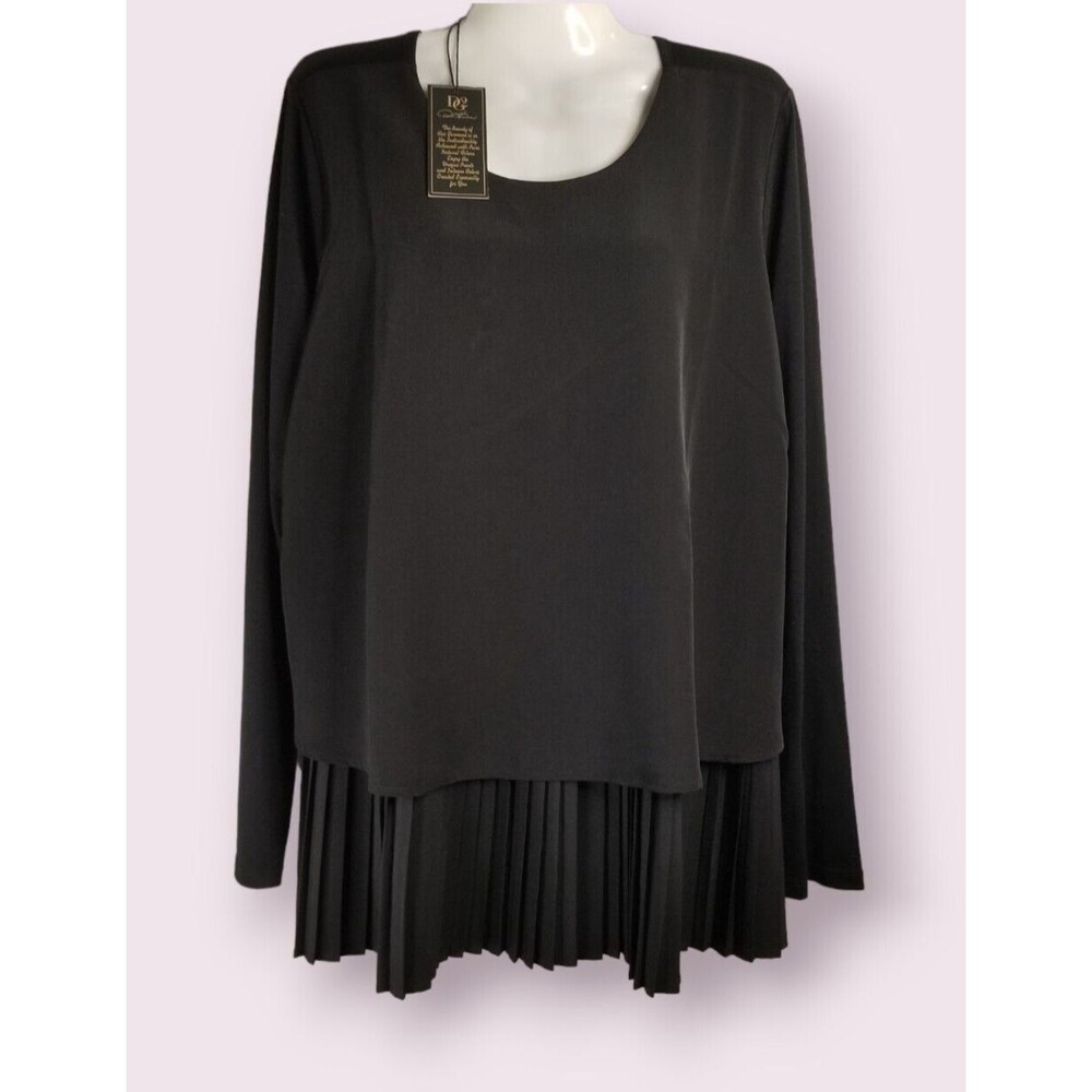 Diane Gilman Tunic Top Women's Black Pleated Hemline Design New Tags Size Large